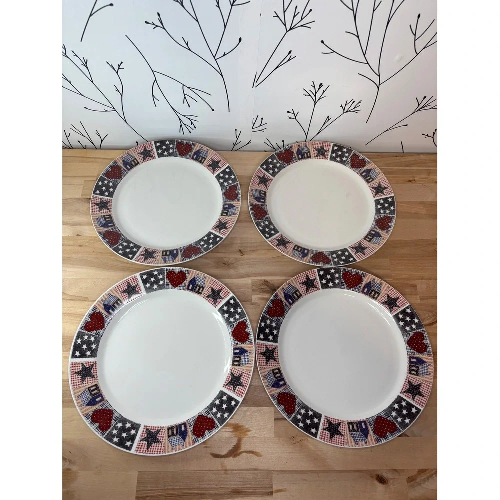 Oneida DC Brown American Quilt Dinner Plates Set of 4 Americana Patriotic 10.5
